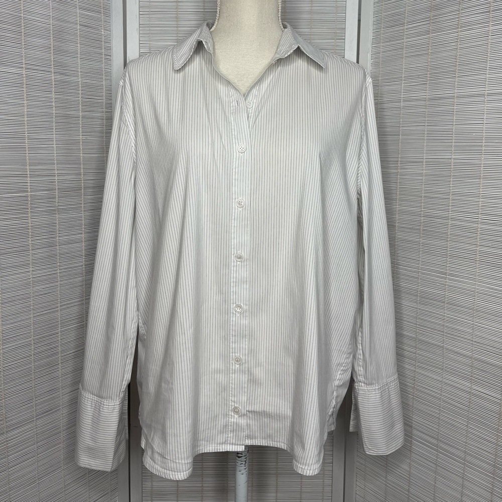 Ba&sh Shirt Button Up White Blue Black Pinstripe Long Sleeve Tailored Fit Size M